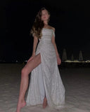 Simple Mermaid Strapless Floor Length Sleeveless Sequin Prom Dress HZ1022