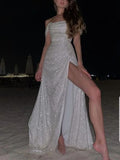 Simple Mermaid Strapless Floor Length Sleeveless Sequin Prom Dress HZ1022