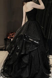 Vintage A line Strapless Sleeveless Long Black Prom Dress HZ1022