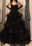 Vintage Ball Gown Strapless Sleeveless Long Tulle Black Prom Dress HZ1022