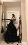 Vintage Ball Gown Strapless Sleeveless Long Tulle Black Prom Dress HZ1022