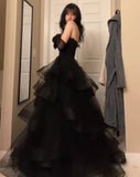Vintage Ball Gown Strapless Sleeveless Long Tulle Black Prom Dress HZ1022