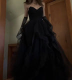 Vintage Ball Gown Strapless Sleeveless Long Tulle Black Prom Dress HZ1022