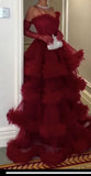 Sexy Ball Gown Long Straps Red Tulle Prom Dresses HZ1022