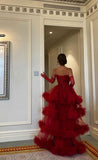 Sexy Ball Gown Long Straps Red Tulle Prom Dresses HZ1022