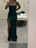 Modest Mermaid Long Dark Green Sequin Slit Prom Dresses HZ1022