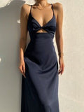 Simple A Line Straps Long Slit Dark Blue Prom Dresses HZ1022