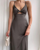 Simple A Line Straps Long Slit Dark Blue Prom Dresses HZ1022