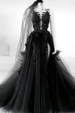 A line Long Black Tulle Lace Prom Dress HZ1022