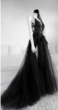 A line Long Black Tulle Lace Prom Dress HZ1022