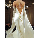 Vintage A line Strapless Long Sleeves White Silk Satin Backless Wedding Dresses HZ1022