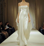 Vintage A line Strapless Long Sleeves White Silk Satin Backless Wedding Dresses HZ1022