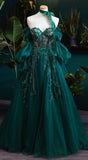 Vintage A line Appliques Lace-Up A-Line Dark Green Tulle Prom Dresses HZ1022