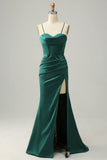Sexy Mermaid Spaghetti Straps Dark Green High Slit Long Prom Dresses HZ1022