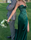 Sexy Mermaid Spaghetti Straps Dark Green High Slit Long Prom Dresses HZ1022
