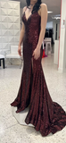 Mermaid Burgundy Sequin Floor Length Prom Dress 22th Birthday Outfit HZ1022
