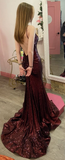 Mermaid Burgundy Sequin Floor Length Prom Dress 22th Birthday Outfit HZ1022