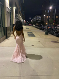Sexy Mermaid Spaghetti Straps Sleeveless Lace Pink Prom Dress Birthday Outfit HZ1022