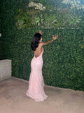 Sexy Mermaid Spaghetti Straps Sleeveless Lace Pink Prom Dress Birthday Outfit HZ1022