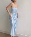 Modest A Line Strapless Long Light Sky Blue Satin Prom Dress HZ1022