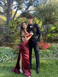 Simple Mermaid Long Burgundy Slit Prom Dress HZ1022