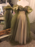 Vintage A Line Off The Shoulder Tulle Sage Green Prom Dress HZ1022
