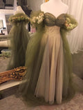 Vintage A Line Off The Shoulder Tulle Sage Green Prom Dress HZ1022