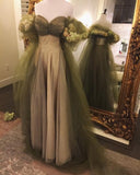 Vintage A Line Off The Shoulder Tulle Sage Green Prom Dress HZ1022