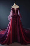 Vintage A Line Off The Shoulder Tulle Burgundy Prom Dress HZ1022
