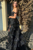 A line Off Shoulder Black Lace Long Prom Dress With High Slit HZ1022