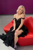A line Off Shoulder Black Lace Long Prom Dress With High Slit HZ1022