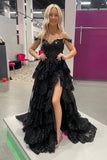 A line Off Shoulder Black Lace Long Prom Dress With High Slit HZ1022