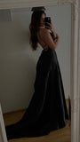Sexy A line Spaghetti Straps Black Long Prom Dress HZ1022