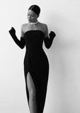Sexy Sheath Strapless Long Black Prom Dress With Gloves HZ1022