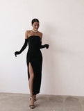 Sexy Sheath Strapless Long Black Prom Dress With Gloves HZ1022