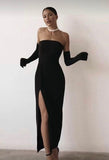 Sexy Sheath Strapless Long Black Prom Dress With Gloves HZ1022