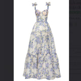 Sexy A line Long Blue Floral Prom Dress Blue and White Party Dresses HZ1022