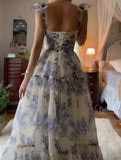 Sexy A line Long Blue Floral Prom Dress Blue and White Party Dresses HZ1022