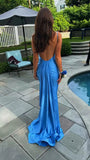 Sexy Mermaid Straps Neckline Backles Blue Long Prom Dress HZ1022