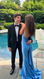 Sexy Mermaid Straps Neckline Backles Blue Long Prom Dress HZ1022