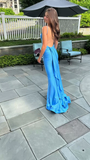 Sexy Mermaid Straps Neckline Backles Blue Long Prom Dress HZ1022