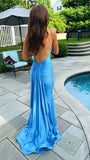 Sexy Mermaid Straps Neckline Backles Blue Long Prom Dress HZ1022