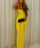 Sexy Mermaid Sweetheart Ruffles Yellow Prom Dress Weddingh Guest Dresses HZ1022