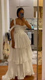 Sexy A line Straps Ruffles Floor Length Chiffon White Prom Dress HZ1022