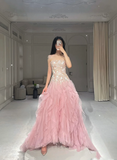 Luxurious Ball Gown Strapless Pink Tulle Long Prom Dress HZ1022
