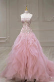 Luxurious Ball Gown Strapless Pink Tulle Long Prom Dress HZ1022