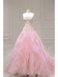 Luxurious Ball Gown Strapless Pink Tulle Long Prom Dress HZ1022
