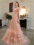 Fairy A line Short Sleeves Sequin Long Prom Dress HZ1022