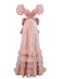 Fairy A line Short Sleeves Sequin Long Prom Dress HZ1022