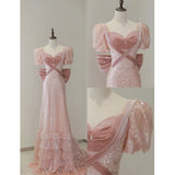 Fairy A line Short Sleeves Sequin Long Prom Dress HZ1022